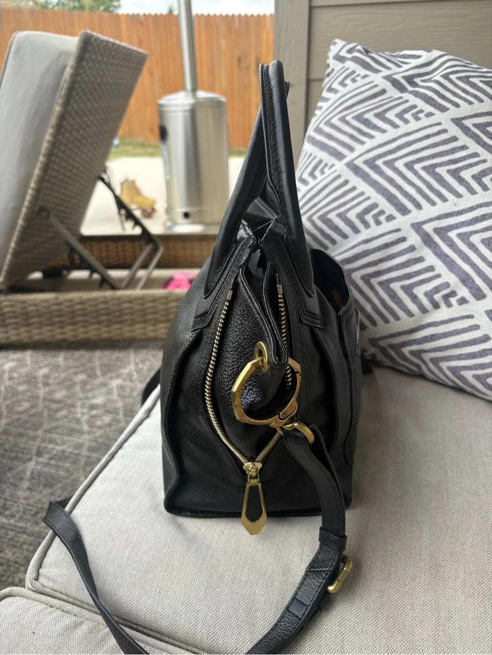 orYANY Black Leather Satchel with Adjustable Strap Brass Hardware